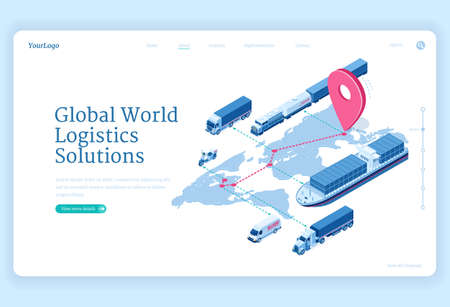 Global logistics solutions isometric landing page. Transport delivery company service, cargo import export by ship, truck, van, scooter, train. Land world transportation business, 3d vector web bannerのイラスト素材