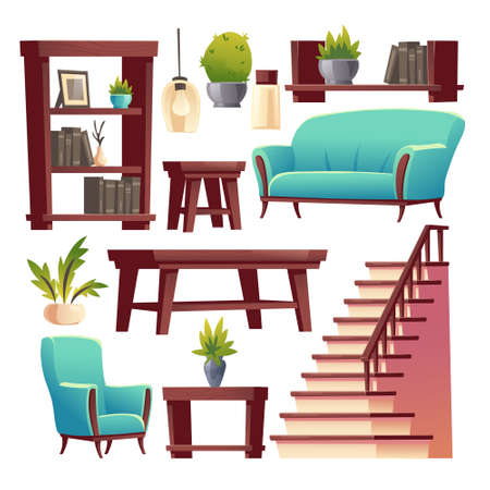 Rustic house hallway interior stuff set. Wooden stairs and furniture table, shelf, bookcase and armchair with potted plants. Apartment or home decor in rural style isolated cartoon vector illustrationのイラスト素材