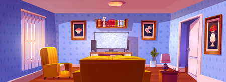 Living room interior with rear view to sofa, chair and glowing tv screen. Vector cartoon illustration of lounge room with yellow couch, plasma television, bookshelves and pictures on wallのイラスト素材