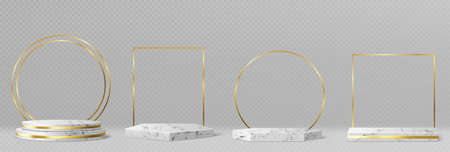 Marble pedestals or podiums with golden frames and decor, round and square borders on geometric empty stages, stone exhibit displays for product presentation, gallery platforms Realistic 3d  setのイラスト素材