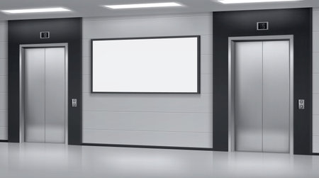 Realistic elevators with close doors and ad poster screen on wall, perspective view mockup. Office or modern hotel hallway, empty lobby interior with lifts and blank display, 3d vector illustrationのイラスト素材