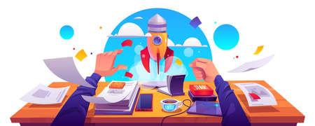Startup project launch, business innovation idea realization, development. Rocket take off with smoke cloud from working place with documents, male hand push start button, Cartoon vector illustration.のイラスト素材