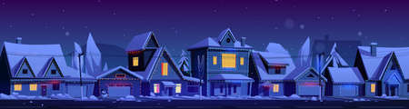 Residential houses with christmas decoration at night. Vector cartoon winter landscape with street in suburb district, cottages with snow on roofs and holiday garlandsのイラスト素材