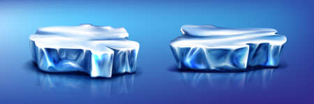 Ice floes iceberg pieces, glacier on blue frozen water surface with reflection. Arctic or north pole snow crystal blocks, isolated design elements, nature objects, Realistic 3d vector illustrationのイラスト素材