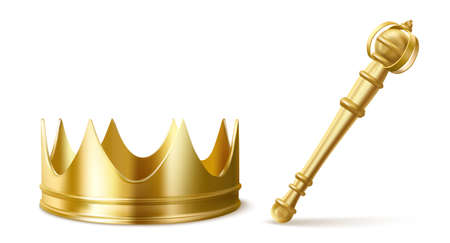 Gold royal crown and scepter for king or queen. Vector realistic luxury golden corona and sceptre, medieval diadem for prince, princess or emperor and monarchy rod isolated on transparent backgroundのイラスト素材