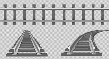 Train track, straight and turn railway in top and perspective view. Vector realistic set of tram line, road for locomotive and wagons with rails, fastening and concrete tiesのイラスト素材