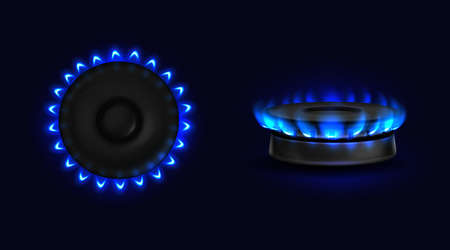 Burning gas stove with blue flame top and side view. Kitchen burner with lit hobs, propane butane flame in cooking oven, glowing cooktop isolated on black background, Realistic 3d vector illustrationのイラスト素材