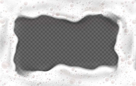 Foam frame, white beer or soap froth rectangular border with bubbles texture, foamy sea or ocean wave, laundry cleaning detergent spume isolated on transparent background, realistic 3d vector mockupのイラスト素材