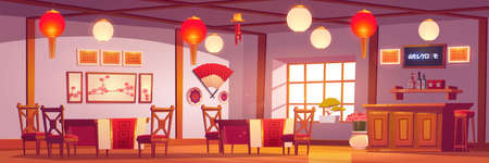 Chinese restaurant interior, empty cafe in traditional asian style with red and gold decor, lanterns, sakura pictures, cashier desk, cafeteria with wooden tables and chairs Cartoon vector illustrationのイラスト素材
