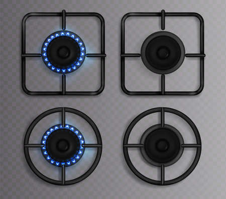 Gas burner with blue flame. Kitchen stove with lit and off hob. Vector realistic set of circle and square black steel grates and burners on oven for cooking top view isolated on transparent backgroundのイラスト素材