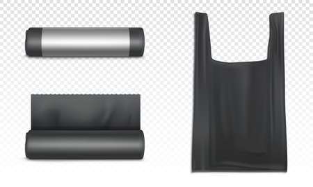 Black plastic bag for trash, garbage and rubbish. Vector realistic mockup of polyethylene sacks for refuse in roll and bag with handles for carrier isolated on transparent backgroundのイラスト素材