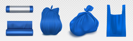 Trash bag mockup, plastic roll and sack full of garbage. Blue disposable package for rubbish and...