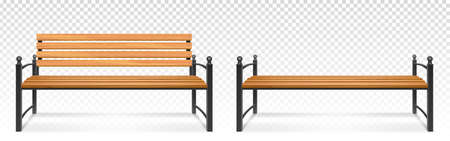 Wooden bench for park or garden. Vector realistic set of outdoor furniture for seat, bench from wood and metal for comfortable rest outside isolated on transparent backgroundのイラスト素材