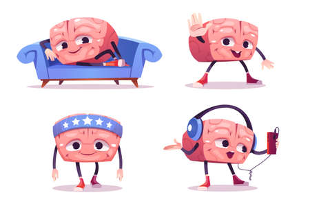 Cute brain character in different poses. Vector set of cartoon chat bot, funny human brain relax on sofa, sport training and listen music in headphones. Creative emoji set, smart mascotのイラスト素材