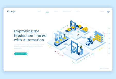 Production process with automation isometric landing page. Factory robotics arms on conveyor belt, smart warehouse logistics, cyborg industrial revolution, plant work improving 3d vector web bannerのイラスト素材