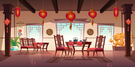 Chinese restaurant with food and tea on wooden table and chairs. Vector cartoon interior of china cafe with traditional windows, red asian lanterns, flower and decoration with dragonsのイラスト素材