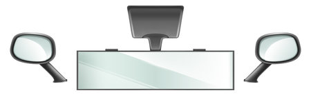 Rear view mirrors in black frame for vehicle interior. Vector realistic set of center and side rearview car mirrors isolated on white background. Automobile or truck equipment for safety drivingのイラスト素材