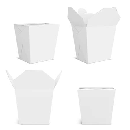 Wok box mockup, blank take away food container. Empty bag for chinese meal, noodles or fastfood front and corner view. Paper close and open realistic 3d vector mock up isolated on white backgroundのイラスト素材