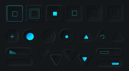 Control buttons with neon backlight. Media player interface, music or video bar, Ui navigation switchers of round, square and triangle shapes, volume, equalizers or sliders, Realistic 3d vector setのイラスト素材