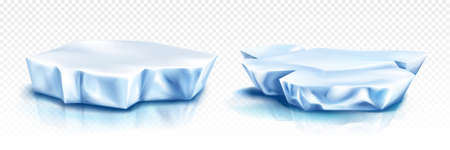 Glaciers, iceberg pieces, blue blocks of ice, frozen water and snow isolated on transparent background. Vector realistic set of cold arctic, polar or antarctic floes drifting in seaのイラスト素材