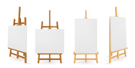 Wooden easels or painting art boards with white canvas front and side view. Artwork blank posters mockup. Wood stands with paper or cloth, artist equipment, Realistic 3d vector illustration, templatesのイラスト素材