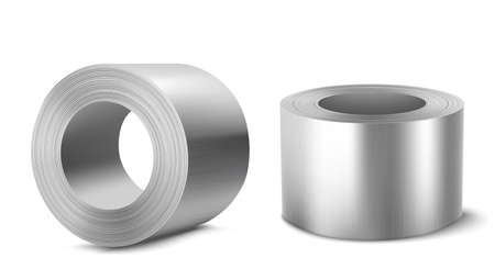 Steel rolls, heavy metallurgical industry, industrial manufacturing business production shiny metal stainless iron or aluminum cylinders isolated on white background, Realistic 3d vector illustrationのイラスト素材