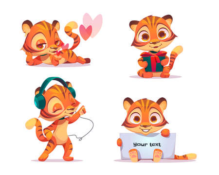 Cute baby tiger character in different poses. Vector set of cartoon chat bot, funny kitten flirts, listen music in headphones, holding gift box and white banner. Creative emoji set, animal mascotのイラスト素材