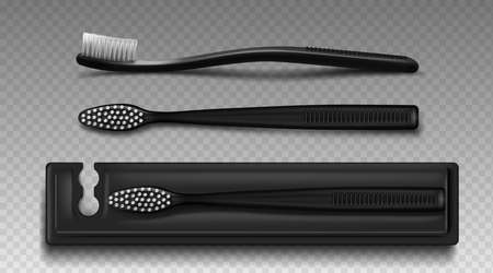 Black toothbrush with package box top and side view. Vector realistic mockup of plastic brush with white bristle for dental clean and oral hygiene isolated on transparent backgroundのイラスト素材