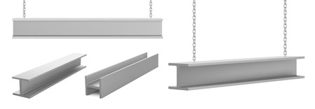 Steel beams, straight metal industrial girder pieces hanging on chains for construction and building...