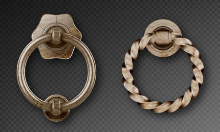 Old door knocker, ancient metal ring handle. Vector realistic set of rusty steel round doorknobs, decorative circle knobs in victorian style isolated on transparent backgroundのイラスト素材