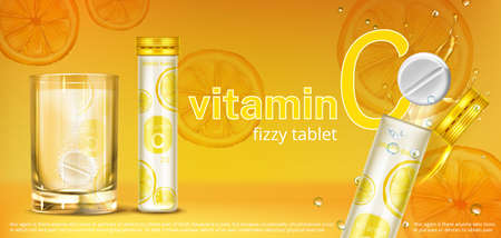Effervescent soluble tablet with vitamin C in glass of water and container. Vector realistic poster of fizzy pill, dissolving medicine drug with orange flavour. Promo banner, advertising backgroundのイラスト素材