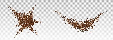 Coffee explosion, realistic ground bean powder burst with brown particles splash, flying granules, design elements for beverage or cafe isolated on transparent background, 3d vector illustrationのイラスト素材