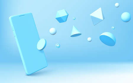 Abstract background with realistic smartphone mockup and geometric 3d shapes scatter on blue backdrop. Hemisphere, octahedron, sphere, cone, cylinder and icosahedron with vector mobile phone renderingのイラスト素材