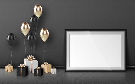 Blank frame, balloons and wrapped gift boxes of gold and black colors on grey wall background....