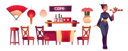 Chinese restaurant staff and stuff isolated set. Waitress in traditional costume with tray, asian cafe decor, lantern, fan, shelf with condiments, wooden table and chairs, Cartoon vector illustrationのイラスト素材
