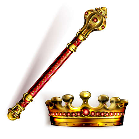 Golden scepter and crown for king or queen, royal wand and corona with red gems for Monarch. Gold monarchy emperor symbols, imperial coronation headwear, rod or mace, Realistic 3d vector illustrationのイラスト素材