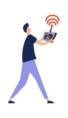 Icon of a man with a remote control in his hands, controlling a drone cartoon vector illustration isolated on whiteのイラスト素材