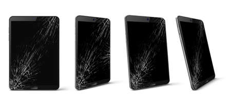 Mobile phone with broken screen front and side view, smashed smartphone, shattered electronics device with black touchscreen covered with scratches and cracks, Realistic 3d vector illustration, setのイラスト素材