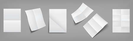 Folded blank posters, white paper sheets with crossing creases top and perspective view. Vector realistic mockup of empty wrinkled leaflet, flyer, document pages with folds isolated on gray backgroundのイラスト素材