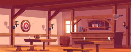 Old tavern, vintage pub with wooden bar counter, shelf with bottles, lanterns and beer mug on table. Vector cartoon empty interior of retro saloon with barrel and darts target on wallのイラスト素材