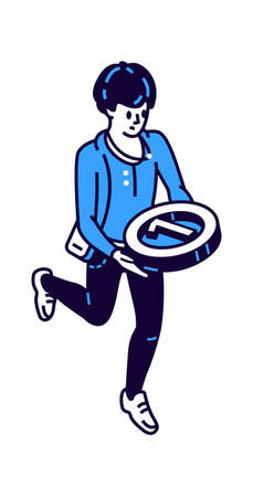 Isometric icon of man with round medal for first place, competition winner,のイラスト素材