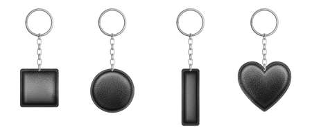 Black leather keychain different shapes with metal chain and ring. Vector realistic set of holder trinket, fob for car, home or office keys isolated on white backgroundのイラスト素材