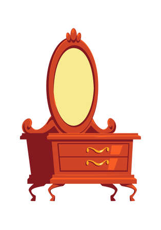 Retro chest of drawers, dressing table with mirror, wooden furniture interior element cartoon vector isolated illustrationのイラスト素材