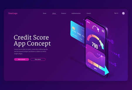 Credit score isometric landing page, bank consumer rating on smartphone screen with application meter. Loan approval and personal risk control banking mobile service, 3d vector web banner templateのイラスト素材
