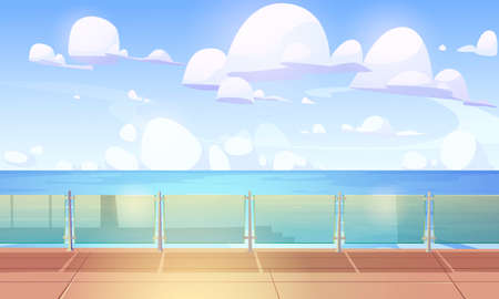Cruise liner deck or quay with glass baluster, empty ship with wooden floor and plexiglass fencing. Modern luxury sailboat in sea or ocean. Passenger vessel at summer time, Cartoon vector illustrationのイラスト素材
