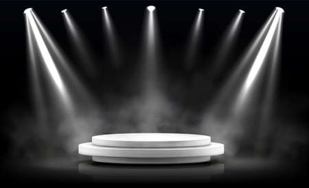 Round podium, empty stage illuminated by spotlights. Vector realistic mockup of circular platform, white pedestal, projector beams and smoke on black background. Round stand in showroomのイラスト素材