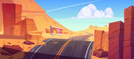 Road and billboard in desert with red rocks. Vector cartoon landscape of hot sand desert with highway turn, advertising banner with beer bottle and orange mountainsのイラスト素材