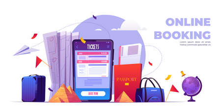 Online booking cartoon banner, tickets reservation service application on mobile phone screen. Suitcase, world map, globe and egyptian pyramid with Gps pin, internet technologies vector illustrationのイラスト素材