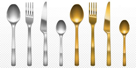 3d cutlery of golden and silver color fork, knife and spoon set. Silverware and gold utensil, catering luxury metal tableware top view isolated on transparent background, Realistic vector illustrationのイラスト素材