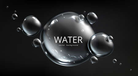 Water background, air bubbles on black backdrop with aqua spheres. Save planet resources and ecology protection concept with liquid mercury balls or drops, Realistic 3d vector template for advertisingのイラスト素材